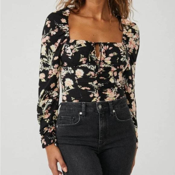 Free People Tops - NWT Free People Hilary Black Combo Floral Printed Long Sleeve Top